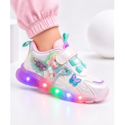 Pantofi sport cu luminite, Model cu fluturas si zana, Piele ecologica, Fete, Alb