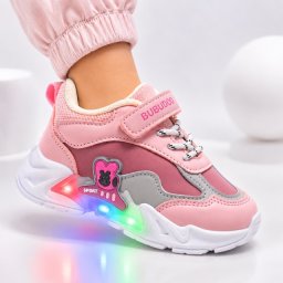 Pantofi sport cu luminite, Model Bubudoo, Piele ecologica, Fete, Roz