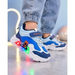 Pantofi sport cu luminite, Model Bubudoo 3, Piele ecologica, Baieti, Albastru