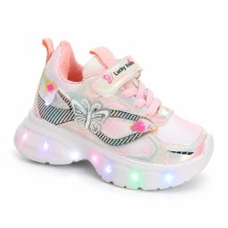 Pantofi sport cu luminite, Model Fluturas, Piele ecologica, Fete, Roz