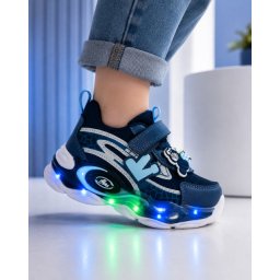 Pantofi sport cu luminite, Model Navy Style, Piele ecologica, Baieti, Bleumarin