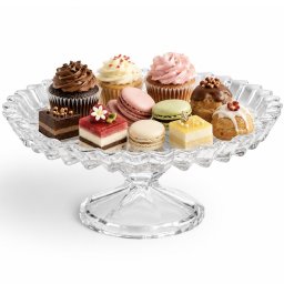 Fructiera tip platou Pufo Ellegance din sticla cu picior pentru prajituri, torturi, candy bar, fructe, aperitive, 28 cm