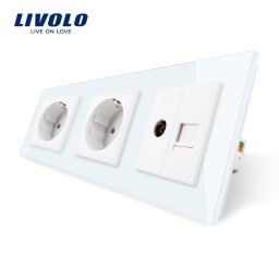 Priza tripla Livolo alba cu rama din sticla, 2 prize simple + TV/internet