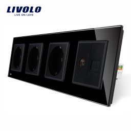 Priza cvadrupla Livolo cu rama din sticla neagra, 3 prize + TV/internet