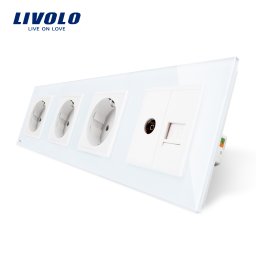 Priza cvadrupla Livolo alba cu rama din sticla, 3 prize simple + TV/internet