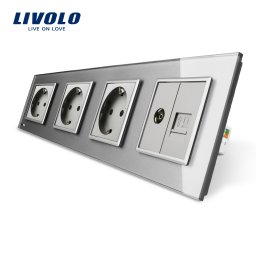 Priza cvadrupla Livolo din sticla gri cu 3 prize simple, TV si internet