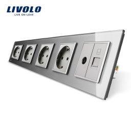 Priza cvintupla Livolo cu priza TV, Internet si rama din sticla gri