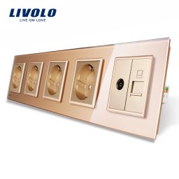 Priza cvintupla Livolo cu TV si Internet, rama din sticla aurie