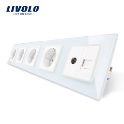 Priza cvintupla Livolo cu TV si Internet, rama din sticla alba