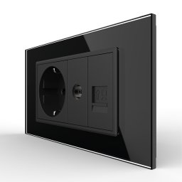 Priza dubla Livolo Schuko + TV/Internet cu rama din sticla, negru