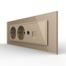 Priza tripla Livolo cu rama din sticla, 2 Schuko + TV/internet, auriu