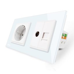 Priza dubla Livolo alba cu rama din sticla, Schuko + TV/internet