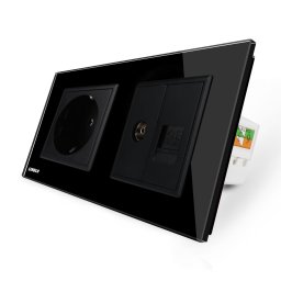 Priza dubla Livolo cu rama din sticla neagra, Schuko + TV/internet