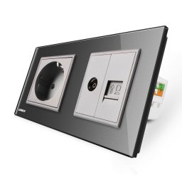 Priza dubla Livolo cu rama din sticla, Schuko + TV/internet, gri