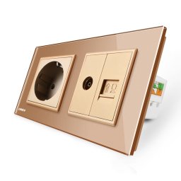 Priza dubla Livolo cu rama din sticla, Schuko + TV/internet, auriu