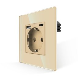 Priza simpla cu USB-A si USB-C Luxion, rama din sticla, aurie