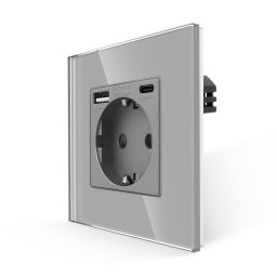 Priza LUXION simpla cu USB-A, USB-C si rama din sticla gri