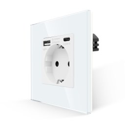 Priza simpla cu USB-A si USB-C Luxion, rama din sticla alba
