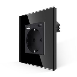 Priza simpla cu USB-A si USB-C Luxion, rama din sticla neagra