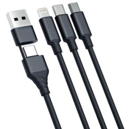 Cablu de date, 3MK, USB-A la USB-C / MicroUSB / Lightning, 1.5 m, Negru