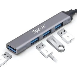 HUB extern SPACER SPHB-TYPEC-4U-01, Porturi USB:USB 3.0 x 1, USB 2.0 x 3, Conectare prin USB Type-C, Cablu 1m, Aluminiu, "SPHB-TYPEC-4U-01