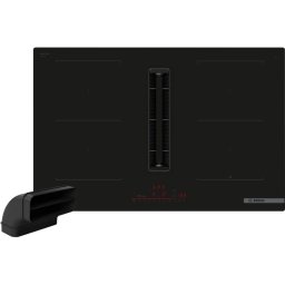 Setul Bosch PVQ811HGA7 contine plita incorporabila cu inductie PVQ811H26E, 4 zone de gatit, 17 niveluri de putere, functia PowerBoosti, si HEZ9VDSB2 modul extractor cot 90° vertical, raza mare de actiune, Negru