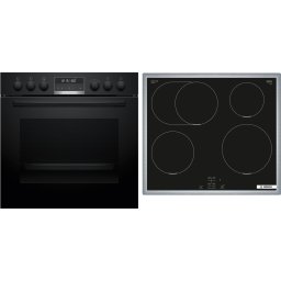 Setul Bosch HND675LS62 cuprinde aragazul incorporabil HEG578BB4, 71 l, 30 programe automate pentru gatit, autocuratare prin piroliza si plita electrica NIF645CB5E, 4 zone gatit cu inductie, 17 niveluri de putere, Negru
