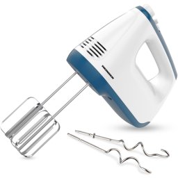 Mixer de mana Heinner HM-400BL, 400 w, 2 teluri si 2 carlige din inox, 6 viteze + turbo, self stand, Alb-Albastru