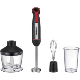 Mixer vertical Heinner HHB-DC1200BKRD, 1200W, motor DC, viteza variabila + turbo, picior blender inox, lame inox, accesorii, negru/rosu