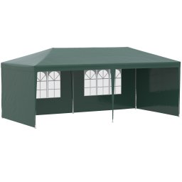 Cort de gradina 6x3m, cadru otel/tesatura PE, 5.85x2.95x2.55m, streasina 1.95m, pereti detasabili, ferestre 1.8x1.03m, 6 sfori + 12 tarusi, verde - Verificat A · Re-Bloom