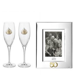 Set 2 Pahare Miri cu Rama Foto Argint 13x18 cm Nunta de Aur