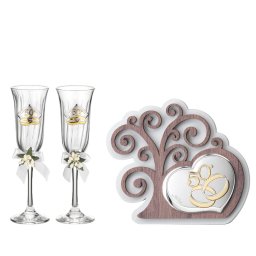 Set 2 Pahare Miri si Medalion Argint Nunta de Aur 15x13 cm