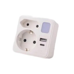 Adaptor Dublu Strohm, cu Lumina Veghe, USB 1 x A si 1 x C, 1 x Schucko si 1 x Euro, 16A, 250 V, Alb