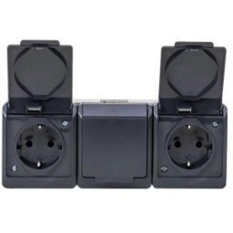 Priza Tripla cu Capac Negru Hermes, 16 A/250, IP44