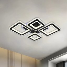 Lustra LED Quadris RGB 82W cu telecomanda, cristal, 4 patrate, negru