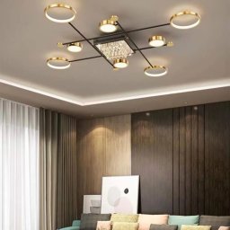 Lustra LED MISEL 168W cu telecomanda, 9 elemente, cristale, dimabila, negru-auriu