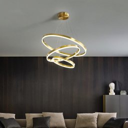 Lustra LED suspendata ELIZABETH 85W, 3 cercuri, dimabila, telecomanda, auriu lucios