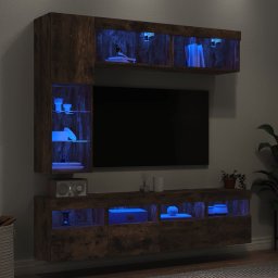 Comode TV de perete cu lumini LED, 7 piese, stejar fumuriu GartenMobel Dekor