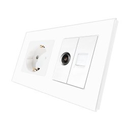 Priza Schuko cu TV si Internet Luxion, alba, cu rama din sticla