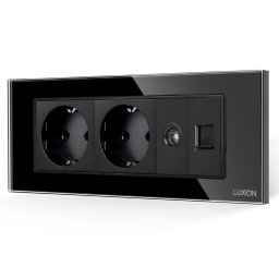 Priza dubla Schuko cu TV si Internet, rama sticla Luxion, 6M, negru