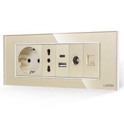 Priza Schuko cu USB, TV si Internet, rama din sticla aurie Luxion 6M