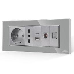 Priza Schuko cu USB, TV si Internet, rama din sticla Luxion 6M gri