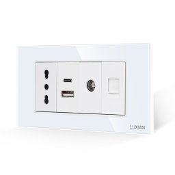 Priza îngusta cu USB dublu, TV si Internet, rama din sticla Luxion 4M alb