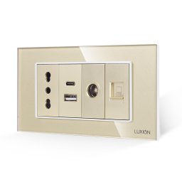Priza îngusta cu USB dublu, TV si internet, rama sticla Luxion 4M