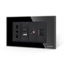 Priza îngusta cu USB dublu, TV si Internet, rama sticla Luxion 4M