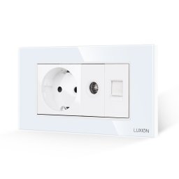Priza Schuko cu TV si Internet Luxion, rama din sticla alba, 4M