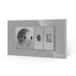 Priza Schuko cu TV si Internet, rama din sticla gri Luxion, standard italian 4M