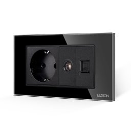Priza Schuko cu TV si Internet Luxion, rama din sticla neagra, 4M