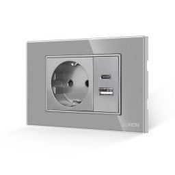 Priza Schuko cu USB A+C Luxion, rama din sticla gri, standard italian 3M