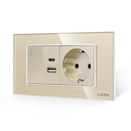 Intrerupator simplu cu priza USB A+C si priza Schuko Luxion, 4M, auriu